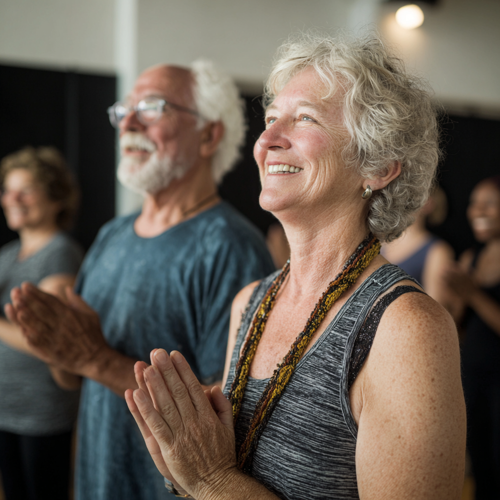 Middle-aged and older adults participating in wellness activities together