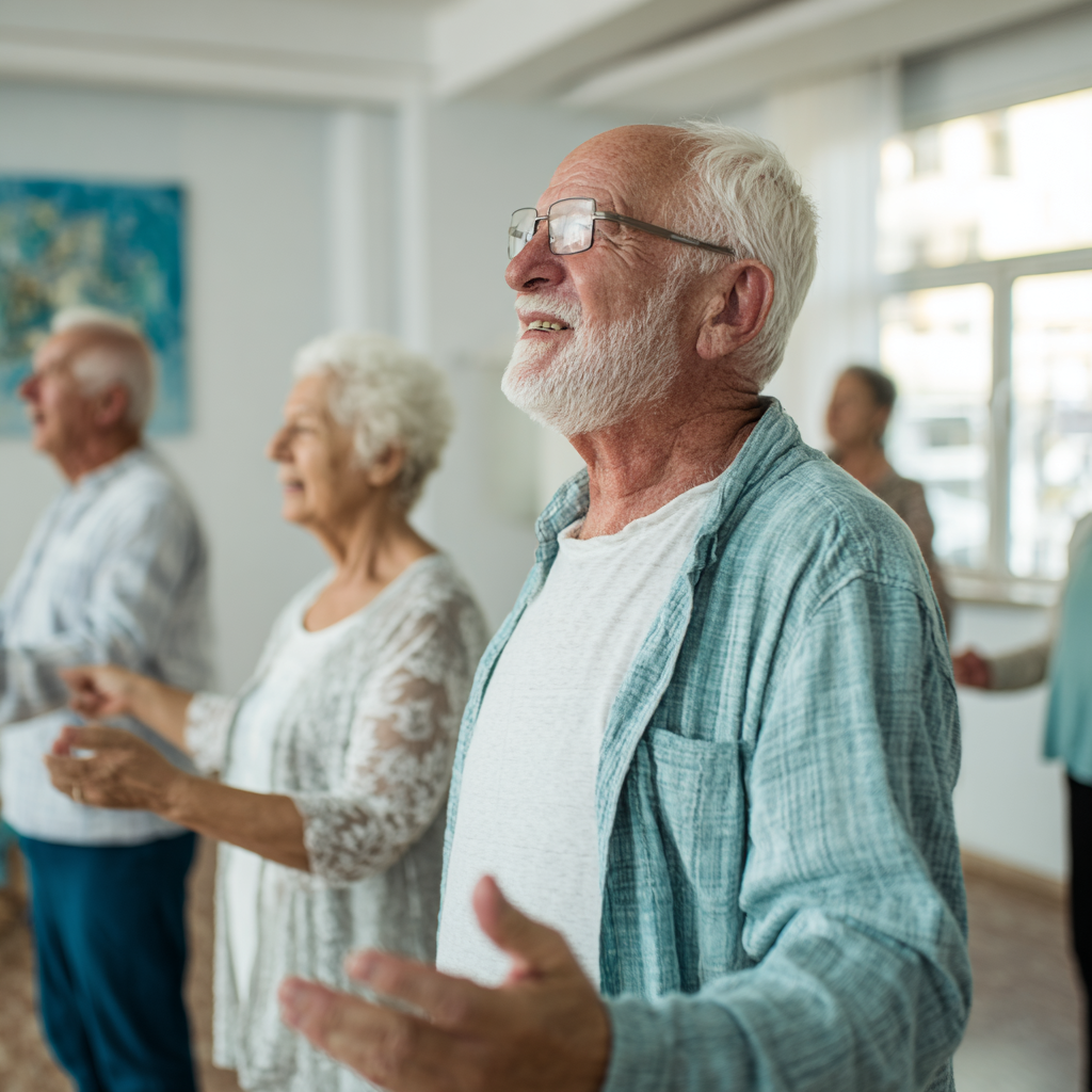 Older adults enjoying gentle movement exercises in a bright indoor space